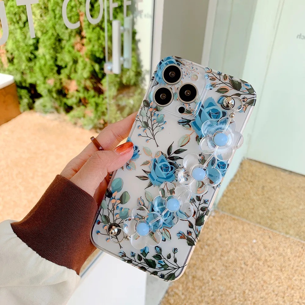 Free Screen Protector Flower Wrist Strap Transparent cover for I PHONE